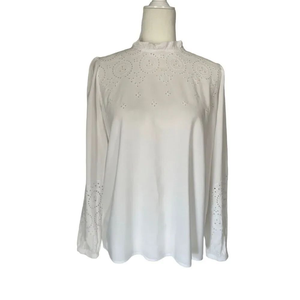 LOFT long sleeve white eyelet embroidered blouse with ruffled high neck - XS